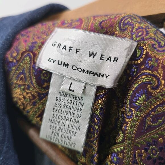 Vintage Denim Jacket Womens Large Jean Button Patchwork Paisley Red Gold - Picture 3 of 12